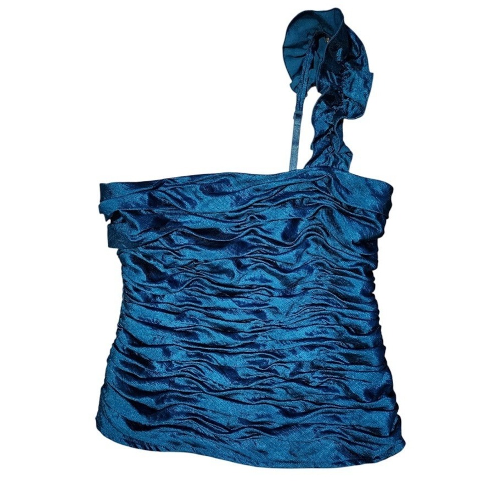 BEBE Y2K Ruched Smocked One Shoulder Satin crop Top shimmer Teal Blue Size L‎ - Picture 2 of 6